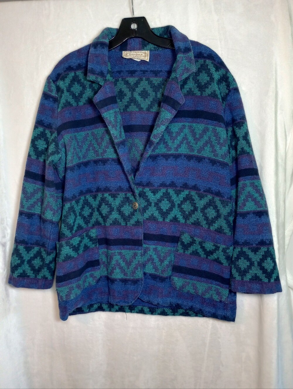 Western Vtg Aztec Southern Cowgirl Knit Blazer Rodeo Rancher Teal Navajo Jacket